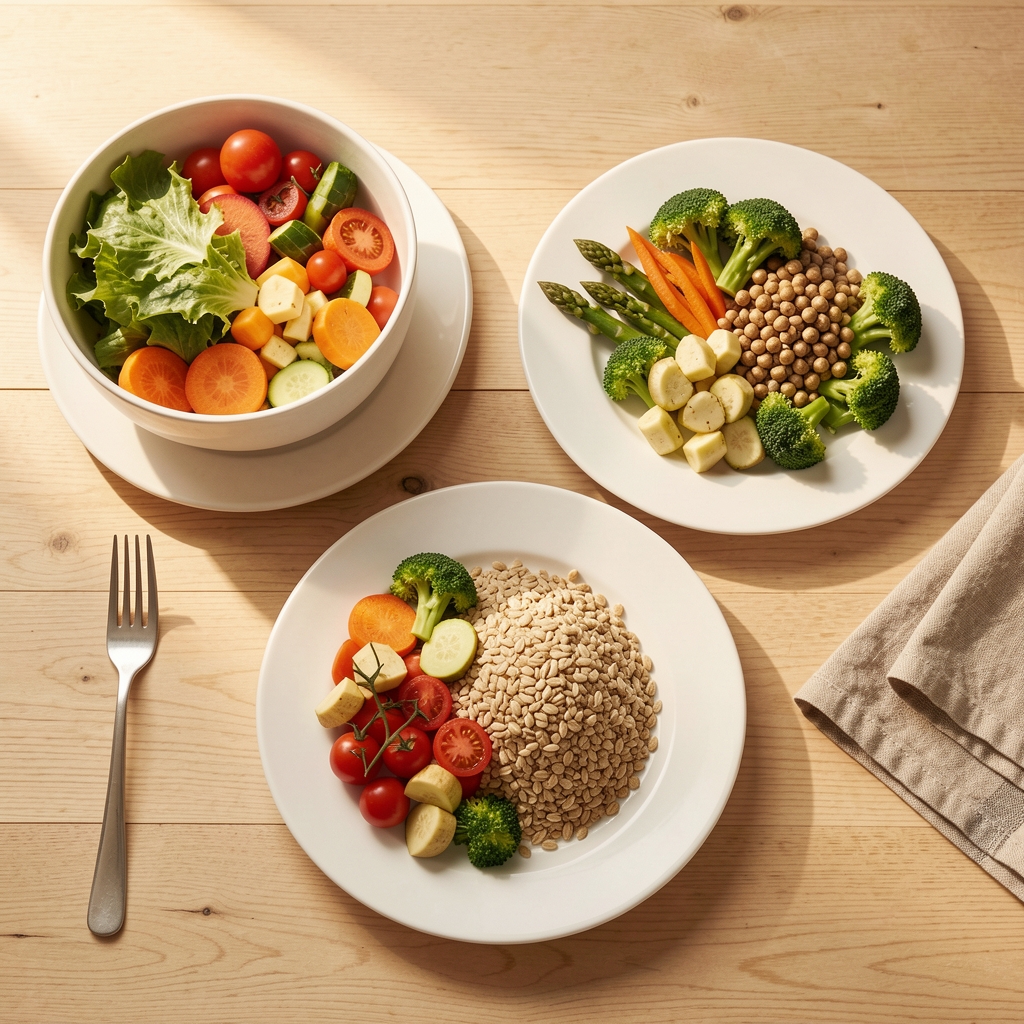 Overhead view of a well-composed home-cooked meal on a light wooden table, fresh vegetables and whole grains arranged on white ceramic plates in warm morning light