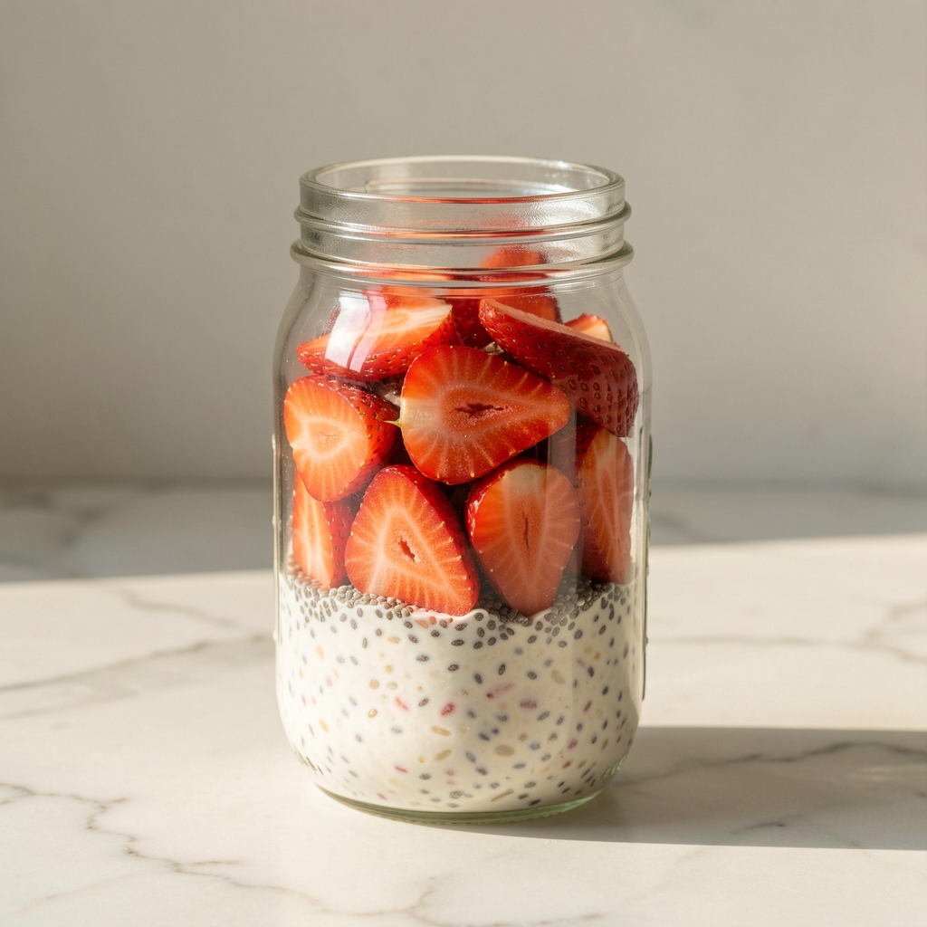 Glass jar of assembled overnight oats layered with sliced strawberries and chia seeds, standing on a pale marble surface in morning light